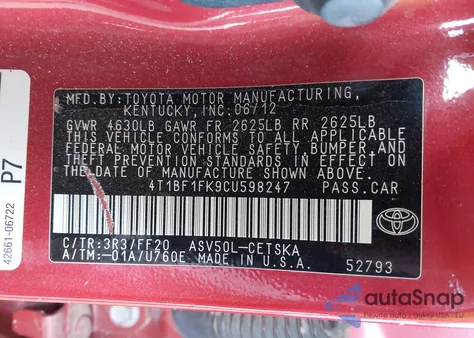 2012 Toyota Camry Se z USA, uszkodzony, nr VIN 4T1BF1FK9CU598247